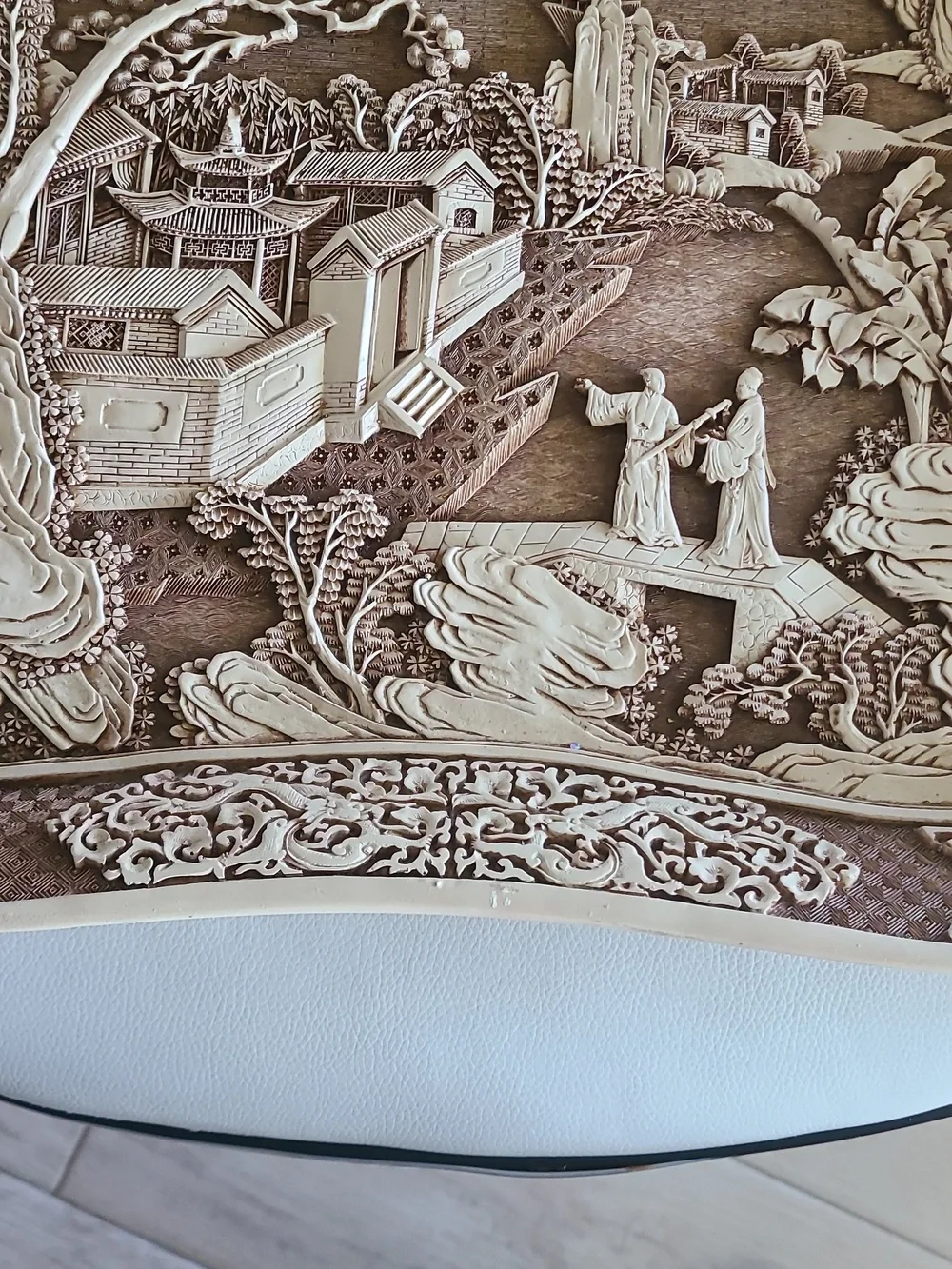 Ornate Brown and Cream Asian Relief Platter Sculpture- Vintage - Picture 2 of 4